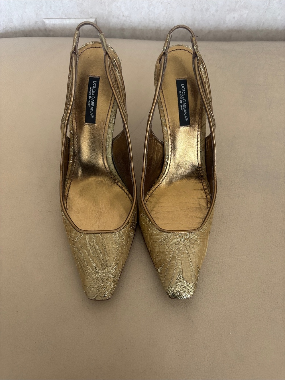 Dolce & Gabbana Metallic Gold Pointed Slingback Heels